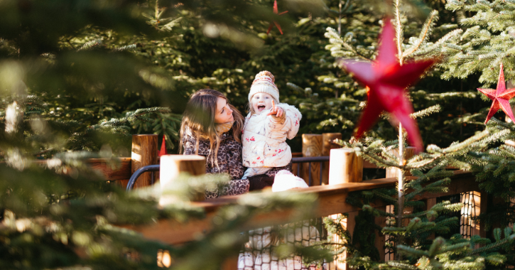 Woman holding little girl who is excited and smiling whilst exploring the Plotters' Forest playground at Christams time.
